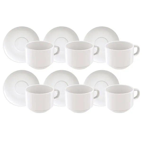Conjunto com 6 Xícaras e Pires para Chá Tramontina Paola em Porcelana Branca - 240 ml