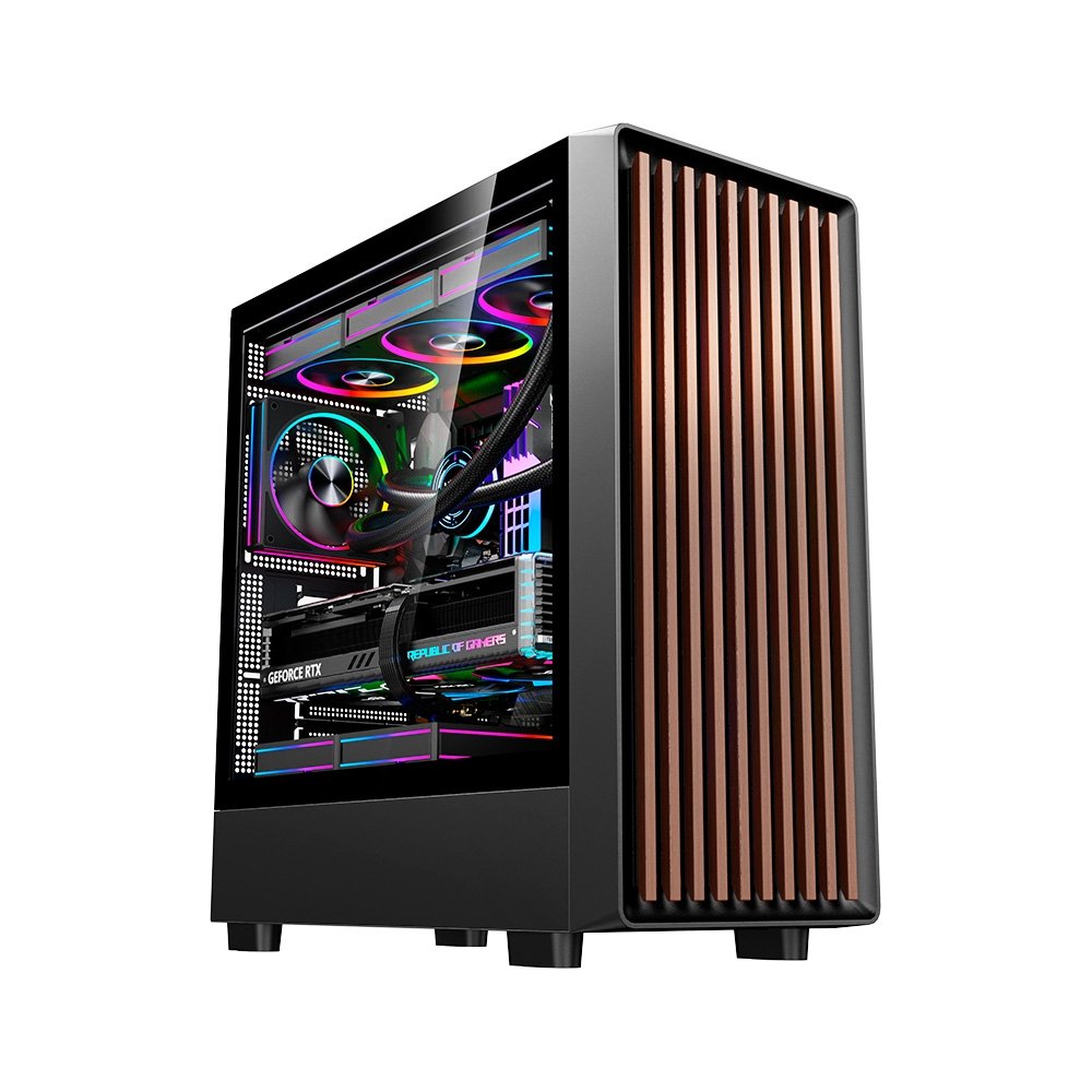Gabinete Gamer Liketec Oak Wood E-ATX Madeira Preto