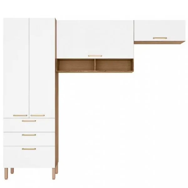 Cozinha Compacta Bartira Veneza com 4 Portas, 3 Gavetas e 4 Prateleiras 250,8cm Branco com Marrom