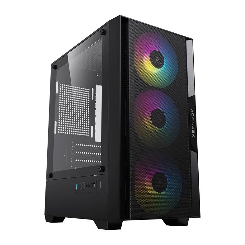 Gabinete Acegeek Stratus Mesh Rainbow 3 Fans Mid-Tower Vidro Preto