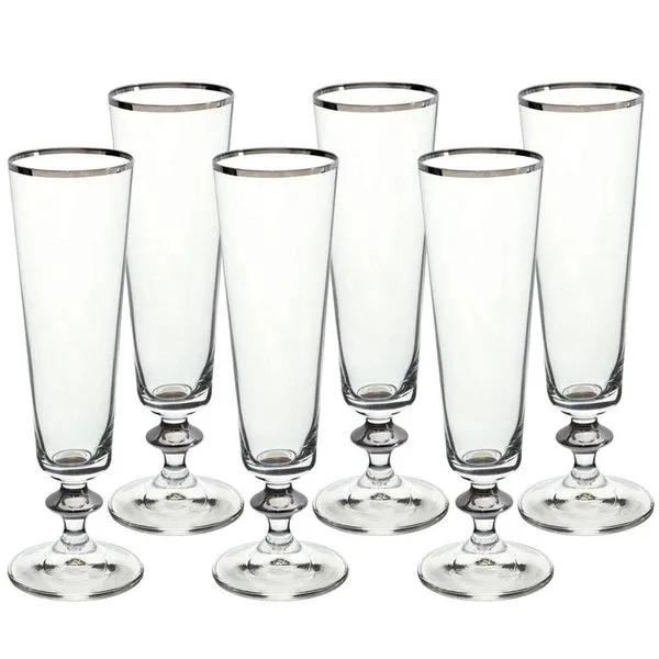 Conjunto de Taças para Champanhe Bohemia Bella Decorada 205 ml em Cristal Ecológico Platinum Rim – 6 Peças