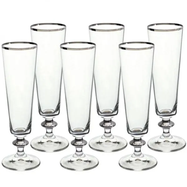 Conjunto de Taças para Champanhe Bohemia Bella Decorada 205 ml em Cristal Ecológico Platinum Rim 6 Peças Transparente