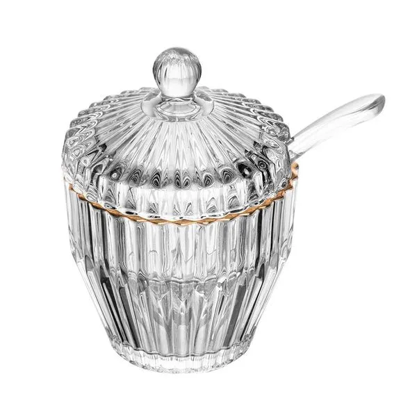 Açucareiro com Colher Wolff Império 8x8x11cm Cristal com Fio de Ouro Transparente