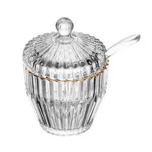 Açucareiro com Colher Wolff Império 8x8x11cm Cristal com Fio de Ouro Transparente