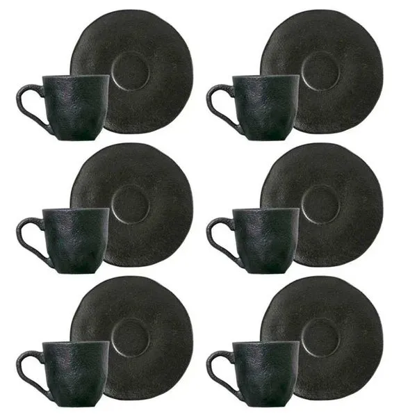 Conjunto com 6 Xícaras e Pires para Café Porto Brasil Carbon em Stoneware - 120 ml Preto