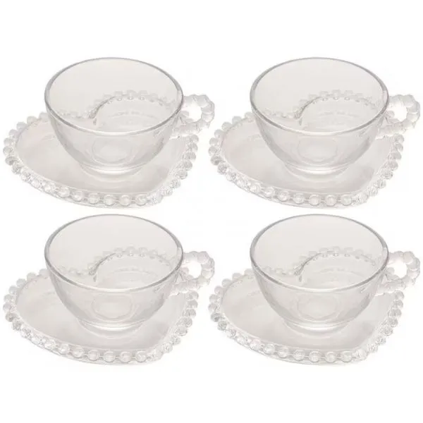 Conjunto com 4 Xícaras e Pires para Chá Wolff Pearl Coração em Cristal 180 ml Transparente