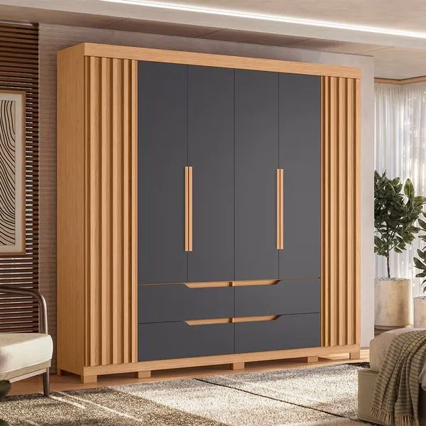 Guarda-Roupa Casal Palumóveis Doble com Cabideiro, 6 Portas de Bater e 4 Gavetas Freijó/Titanium