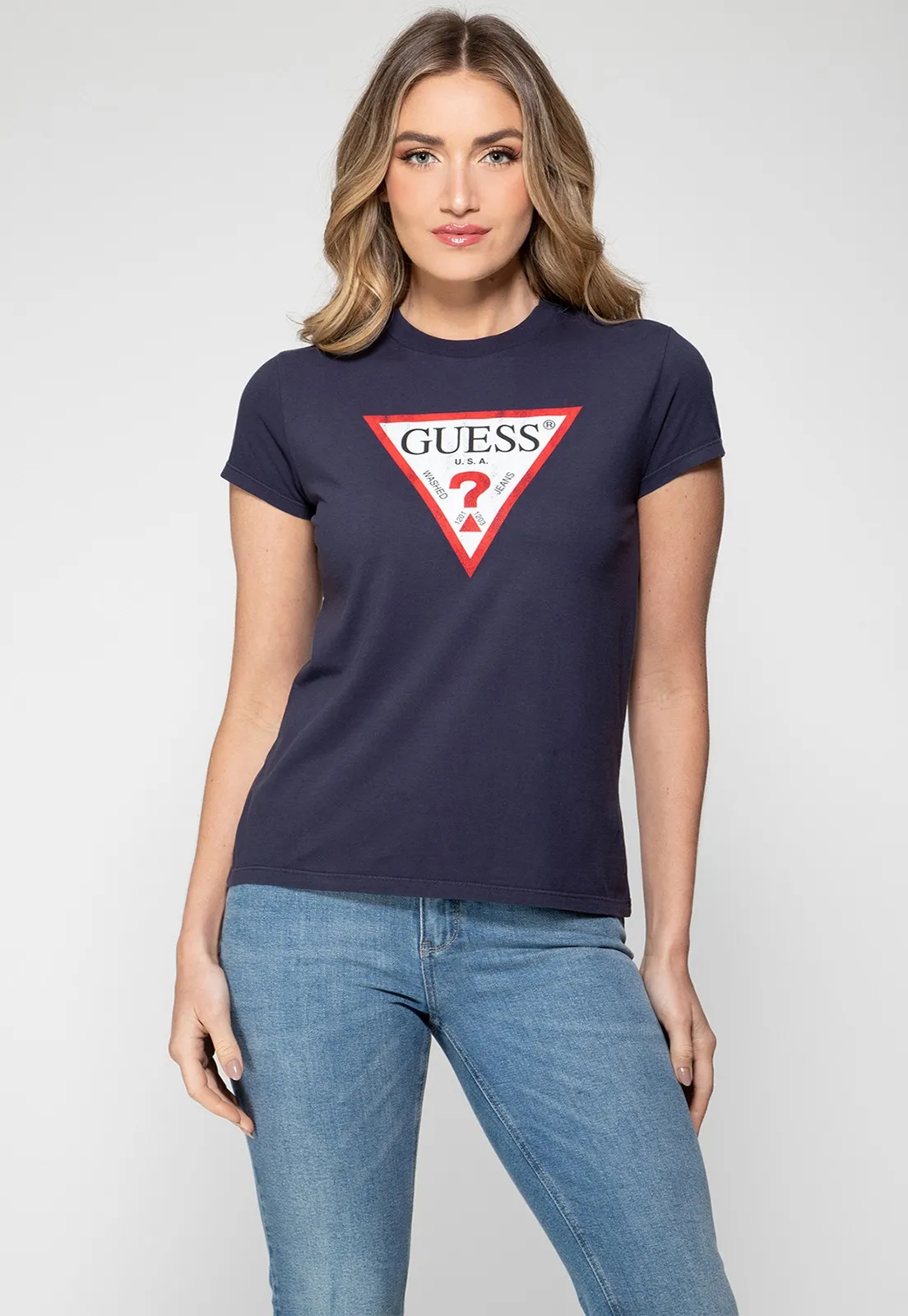 Camiseta Guess Triang Trad Desgastado Azul Escuro