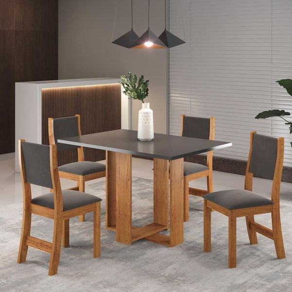 Mesa de Jantar Viero Caiena com 4 Cadeiras Estofadas e Revestidas em Veludo Mel/Cinza/Grafite
