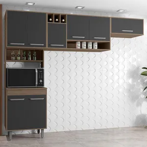 Cozinha Compacta Poliman Barcelona com 8 Portas e 2 Prateleiras 258 cm de largura Carvalho com Grafite