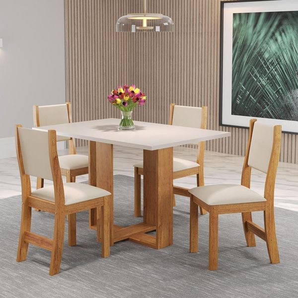 Mesa de Jantar Viero Caiena com 4 Cadeiras Estofadas e Revestidas em Veludo Mel/Blonde/Marfim