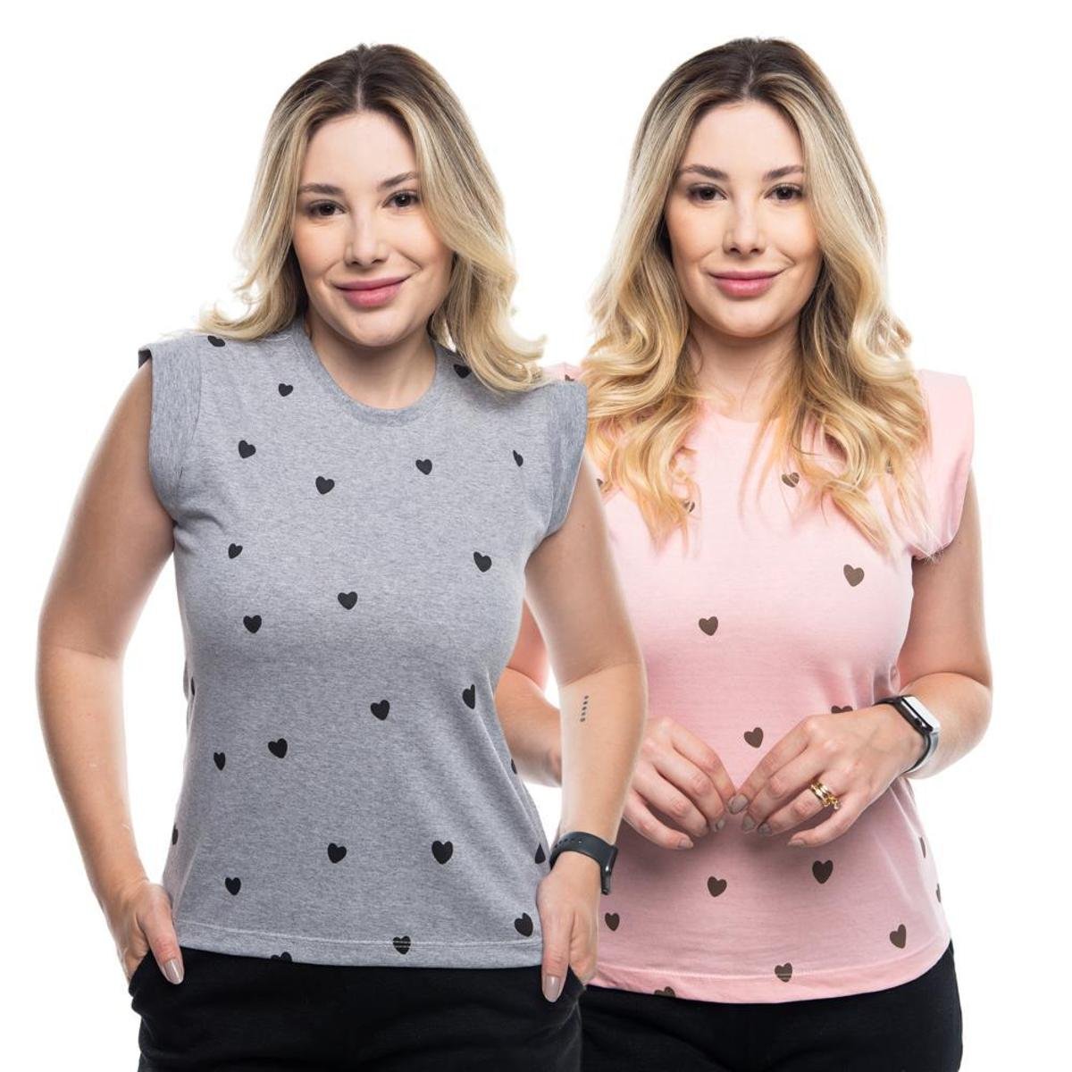 Kit 2 Camisetas Feminina Muscle Tee Estampada Coração