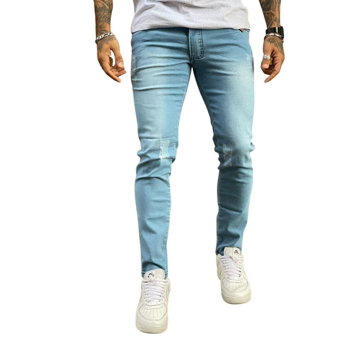 Calça Super Skinny Comfort Délavé Puídos Azul