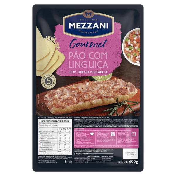 Pão Mezzani Recheio com Massa de Linguiça Toscana e Queijo Mussarela Gourmet 400g