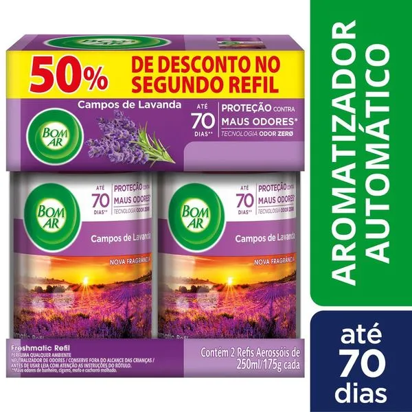Purificador de Ar Lavanda Bom Ar Freshmatic Refil 250ml 50% de Desconto na Segunda Unidade