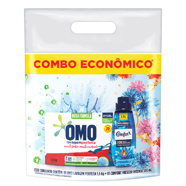 Kit Lava-Roupas Omo Lavagem Perfeita 1,6kg + Amaciante Concentrado Frescor Intenso Comfort 500ml