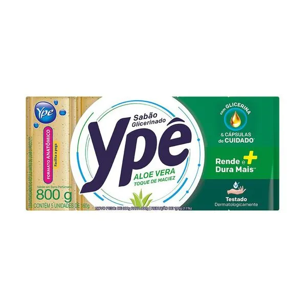 Sabão em Barra Ypê Aloe Vera 800g Sabão em Barra Glicerinado Aloe Vera Ypê Pacote 900g 5 Unidades