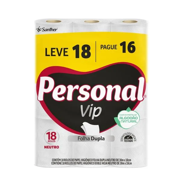 Papel Higiênico Personal Vip Folha Dupla 30m Leve 18un Pague 16un