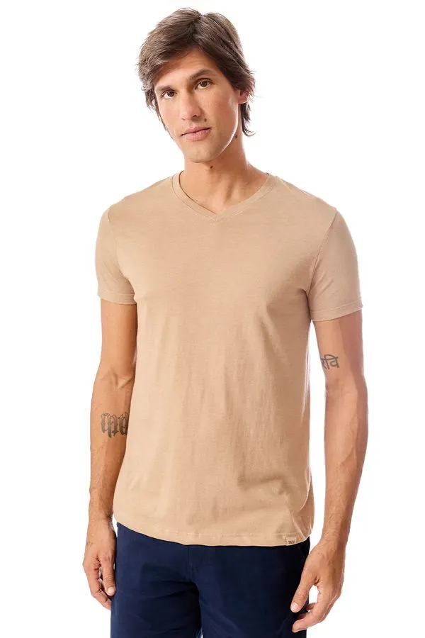 T-Shirt Básica Gola v Sem Costura Khaki KHAKI/G