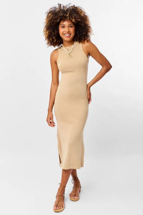 Vestido Básico Canelado Midi Khaki KHAKI/G