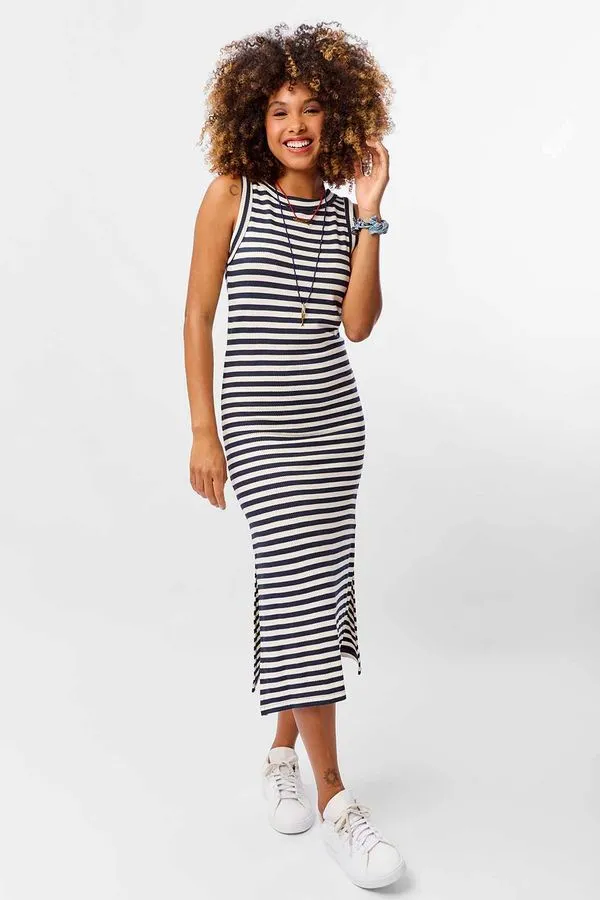 Vestido Básico Listrado Off White/Azul Marinho OFF WHITE/AZUL MARINHO/G