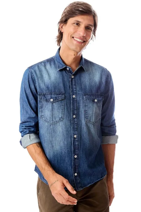 Camisa Jeans Com Bolso Azul Jeans AZUL JEANS/G