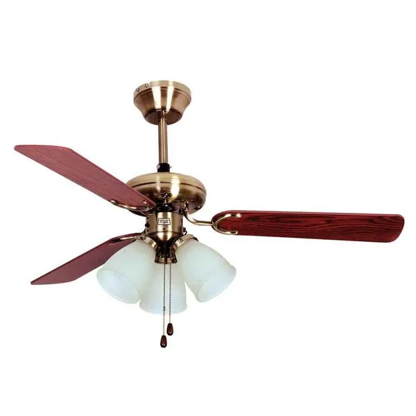 Ventilador de teto 110V com 3 pás e 3 tulipas de vidro ouro velho Home Line