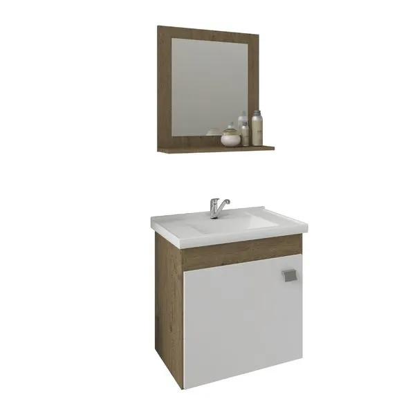 Armário de Banheiro Íris 44,8x31,5x46cm MDF com Espelho Amêndoa e Branco Mgm Móveis