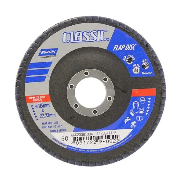 Disco Flap para Desbaste Norton 115x22mm Grão 50 Preto Disco de desbaste para metais 115x22mm grão 50 preto Norton