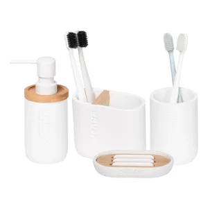 Kit Acessórios de Bancada para Banheiro 4 Peças Bambu e Branco Scandi Coisas e Coisinhas