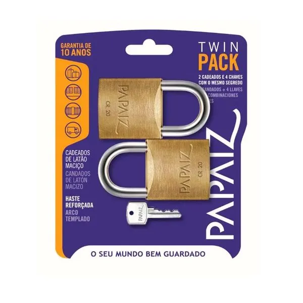 Cadeado Papaiz 20mm SM CR com Mesmo Segredo Twin Pack com 2 Unidades Cadeado Twin pack SM CR 20mm 2 cadeados com o mesmo segredo Papaiz