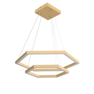 Pendente Hexagonal Led 50W3K 2 Aros 600X400Mm Bivolt Dourado Perfiline Bronzearte
