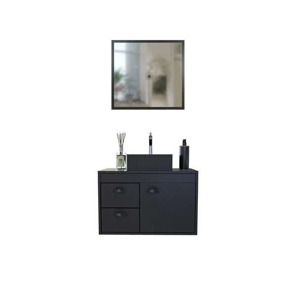 Conjunto para banheiro gabinete cuba apoio e espelho mdf Betel preto trama 60cm Cerocha Conjunto Para Banheiro Gabinete Cuba de Apoio E Espelho Mdf Betel Pt Trama 60Cm Cerocha