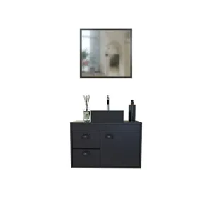 Conjunto para banheiro gabinete cuba apoio e espelho mdf Betel preto trama 60cm Cerocha Conjunto Para Banheiro Gabinete Cuba de Apoio E Espelho Mdf Betel Pt Trama 60Cm Cerocha