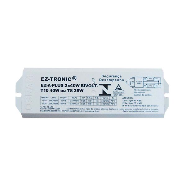 Reator eletrônico bivolt para 2 lâmpadas 40W Eza 8294 Osram