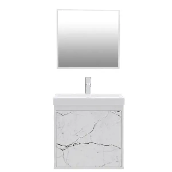 Conjunto Gabinete Para Banheiro Com Lavatório E Espelheira Canis Branco Marmorizado Branco Cerocha