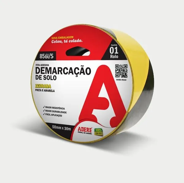 Fita p/ Demarcação de Solo 50mm x 30m Preto e Amarelo Adere