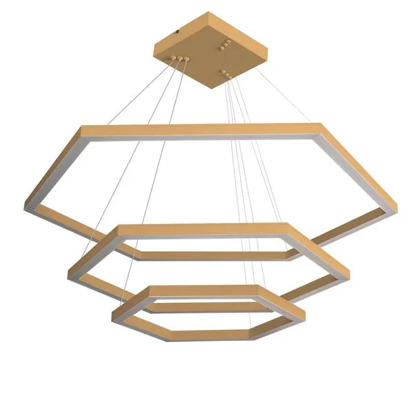 Pendente Hexagonal Led 95W3K 3 Aros 800X600X600Mm Bivolt Dourado Perfiline Bronzearte