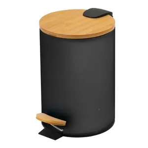 Lixeira Com Tampa De Bambu E Pedal 5L Preta Redonda Coisas E Coisinhas