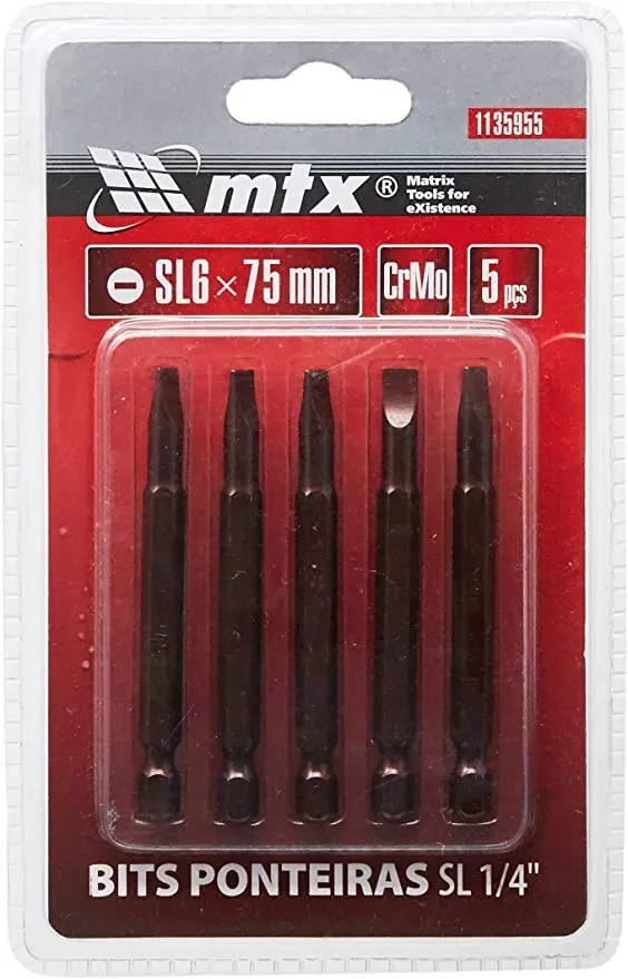 Bits de Fenda 6x75mm Encaixe 1/4" Aço Cromo Vanádio 5 Peças Bits Sl 1/4 6 X 75 , Aço Crmo 5 Pecas