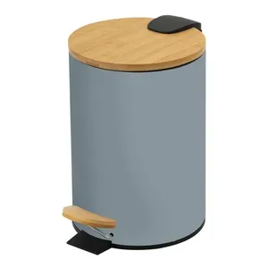 Lixeira Com Tampa De Bambu E Pedal 5L Cinza Redonda Coisas E Coisinhas