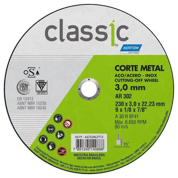 Disco de Corte Norton Classic AR302 230x3x22mm para Aço e Inox Disco de Corte Classic AR302 230x3x22mm Norton