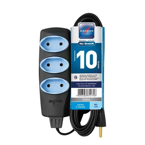 Extensão elétrica 10 metros 3 tomadas Noshock grafite Daneva