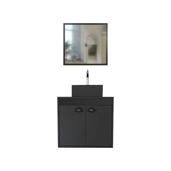 Conjunto Para Banheiro Gabinete Cuba de Apoio E Espelho Mdf Arcturo Pt Tra 51Cm Cerocha