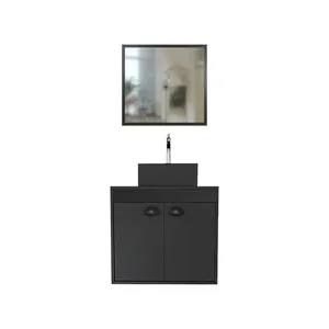 Conjunto Para Banheiro Gabinete Cuba de Apoio E Espelho Mdf Arcturo Pt Tra 51Cm Cerocha
