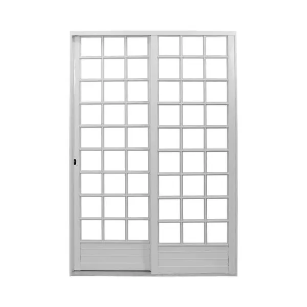 Porta De Correr 2 Folhas Com Grade Quadrada 215X160Cm Aço Branco Esquerda Mgm