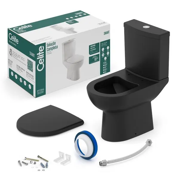 Vaso Sanitário com Caixa Acoplada e Acessórios de Instalação e Assento Termofixo Smart Preto Matte Celite