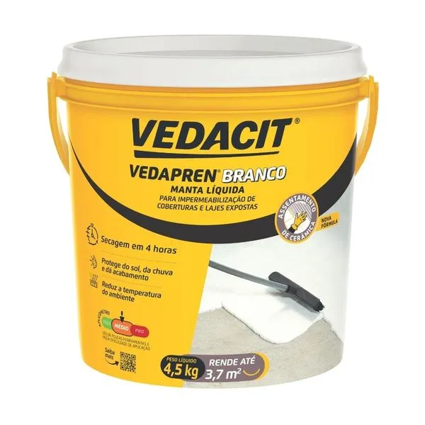 Manta Líquida Acrílica Impermeabilizante Vedapren Branca Vedacit MANTA LIQ ACR IMP VEDAPREN BR 4,5KG PARED EXT E FACHAD