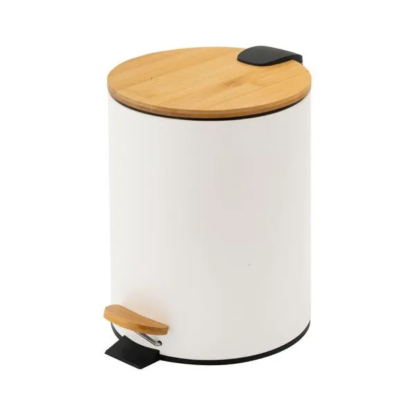 Lixeira Com Tampa De Bambu E Pedal 3L Branca Redonda Coisas E Coisinhas