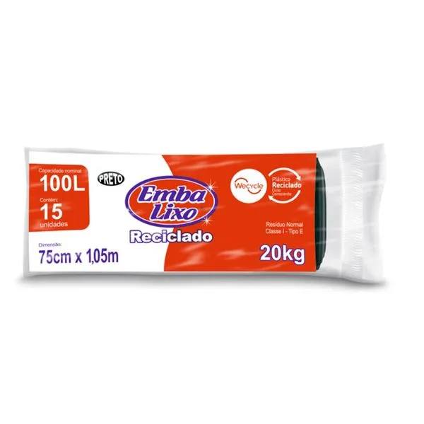 Saco Lixo Embalixo Preto Rolo 100L 15 Sacos